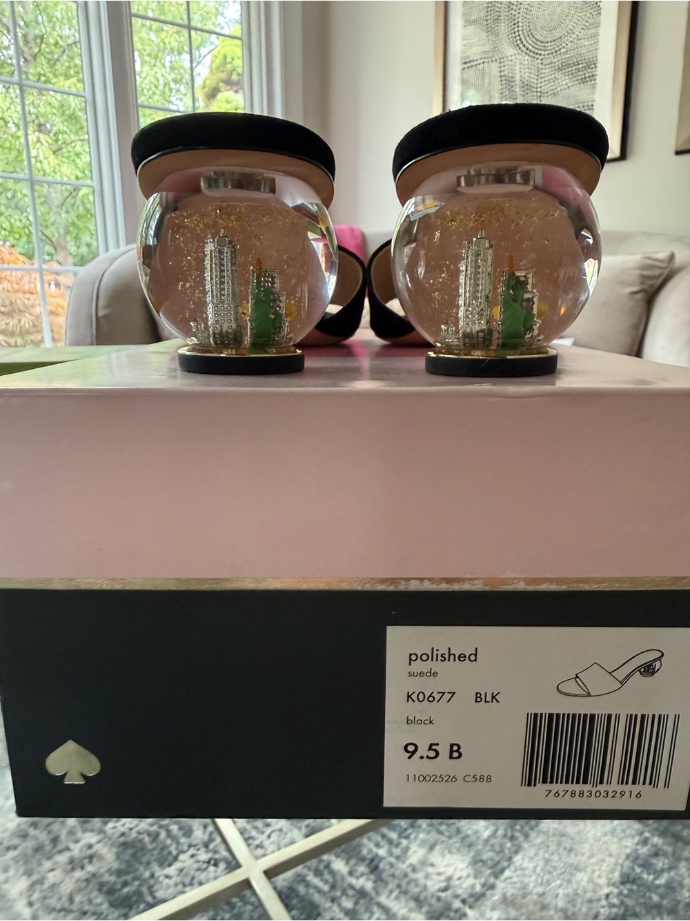 kate spade “Polished” Black Suede NYC Snow Globe Slide Sandals